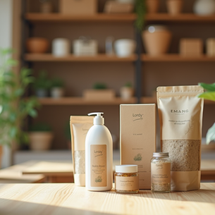 A small shop showcasing sustainable packaging and greenery