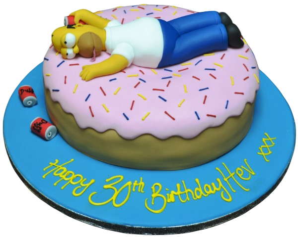 A whimsical cake featuring a fondant model of cartoon character Homer Simpson from The Simpsons sitting on a giant doughnut. Perfect for fans of the iconic show.