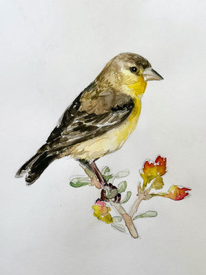 painting of a small yellow bird on a branch with yellow and red flowers