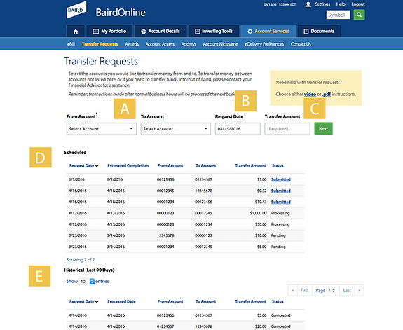 Baird Online Transfer Request Screenshot Example