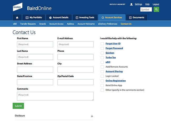 Baird Online Contact Us Screenshot Example