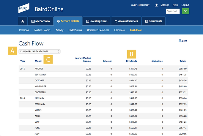Baird Online Cash Flow Screenshot Example