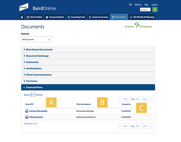 Baird Online Planning Documents Screenshot Example