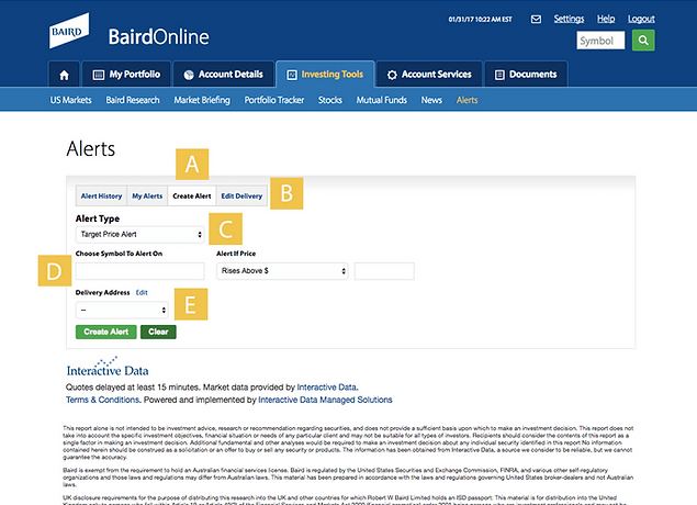 Baird Online Stock Alert Screenshot Example