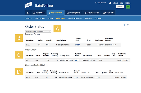Baird Online Order Status Screenshot Example