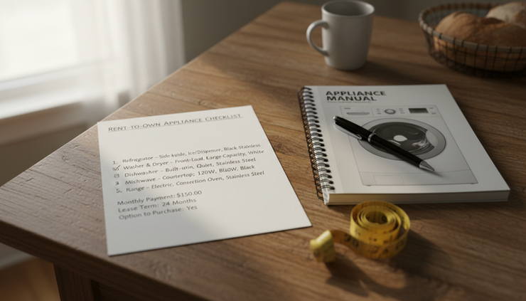 Overhead view of a rental agreement checklist on a kitchen table beside a small appliance manual.