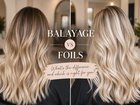 Balayage vs foils comparison showing two blonde hairstyles with soft dimensional balayage on one side and brighter foil highlights on the other.