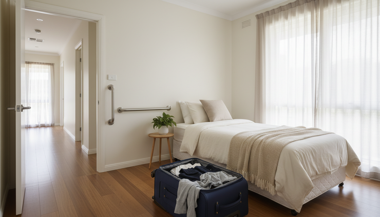 Eye-level view of a packed suitcase beside a neatly made accessible bed