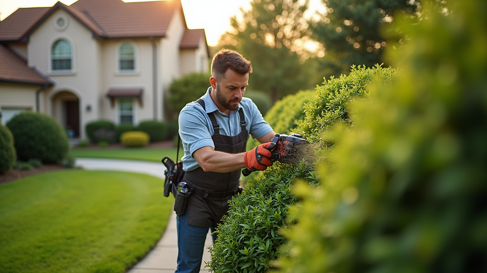 High angle view of a professional landscaper trimming bushes in an HOA community