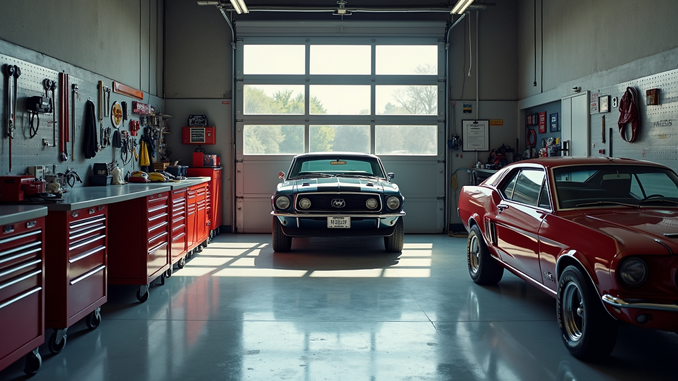 High angle view of a clean and organized garage with tools and maintenance supplies