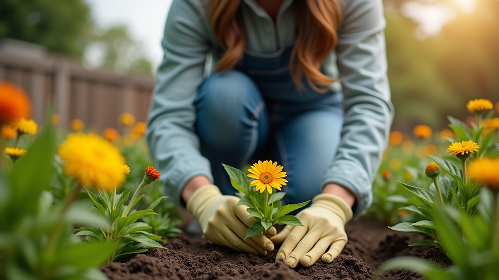 Close-up view of a gardener planting flowers in a landscaped yard