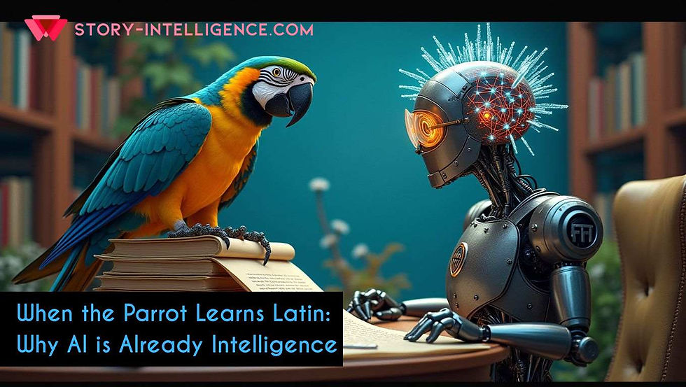 Um papagaio colorido encara um robô com cérebro iluminado por redes neurais. Ambos analisam um pergaminho em uma biblioteca futurista, simbolizando o debate entre imitação e cognição artificial.