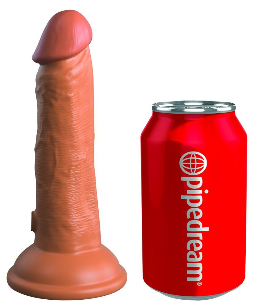 Miniaturbild: gebräunter Naturvibrator, Größenvergleich mit einer Dose