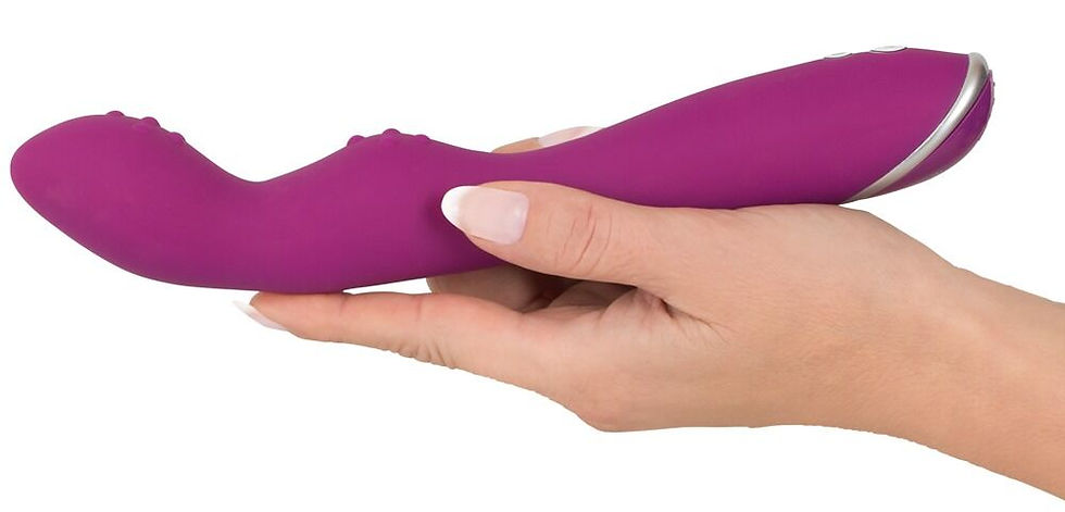 Miniaturbild: Vibrator für A- und G-Punkt. Mit Noppen an Stimulationsflächen. liegend auf einer Frauenhand