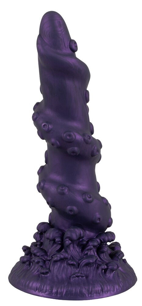 Lila Fantasy Dildo in Tentakel Look mit Saugfuß. Ausgeprägte Reizstruktur und Metallic Optik. Seitenansicht schräg Links