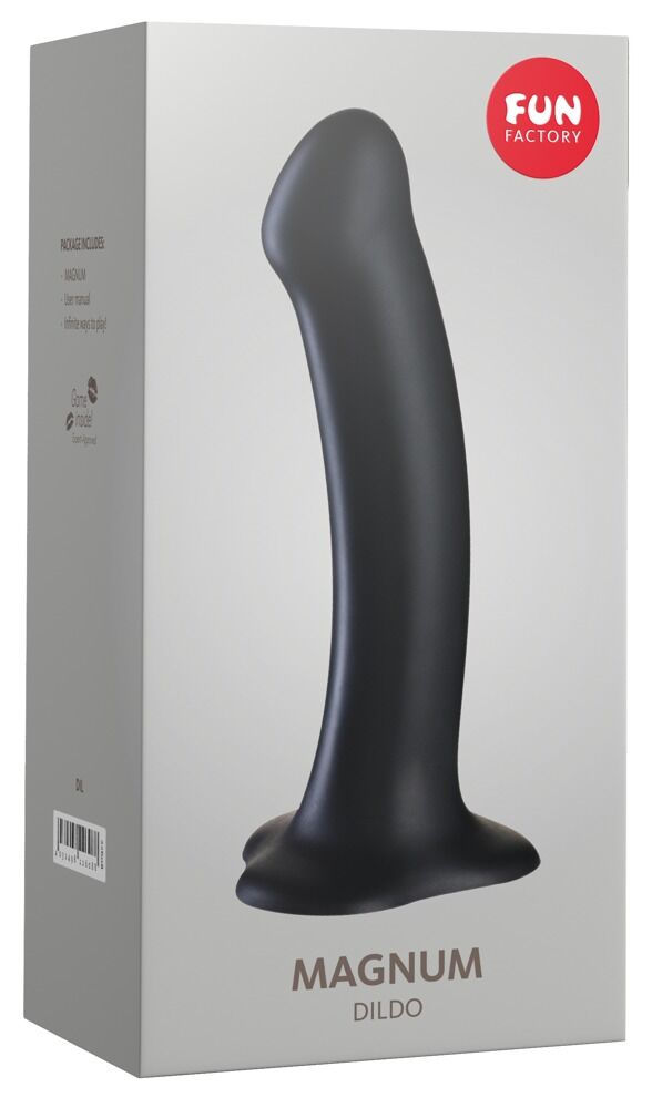 Thumbnail: schwarzer Dildo MAGNUM von Fun factory, leicht gebogen mit ausgeprägter Eichel und Standfuß, Außenverpackung Front