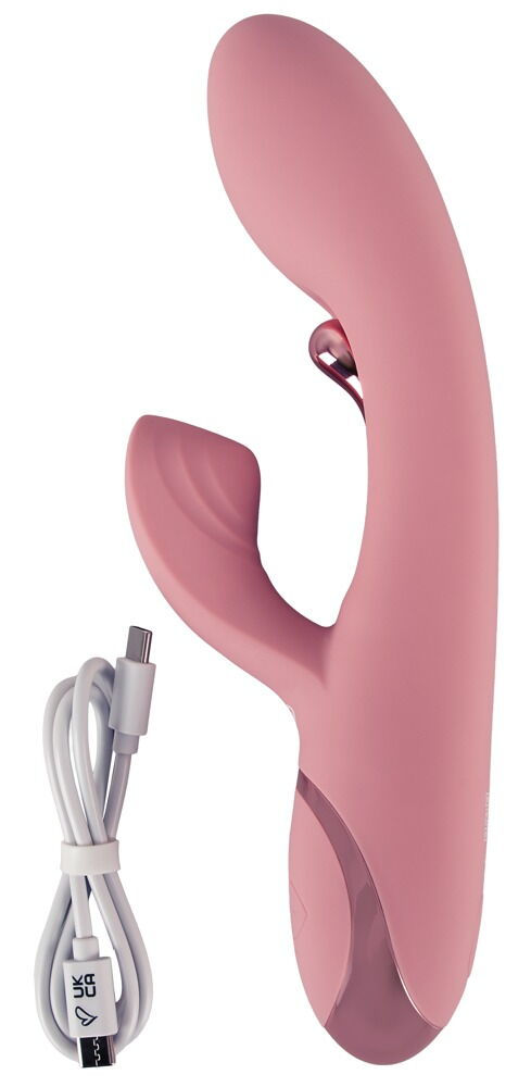 Thumbnail: rosa Rabbitvibrator Avenor. Mit Metalzunge für G-Punkt. Seitenansicht links mit Ladekabel daneben