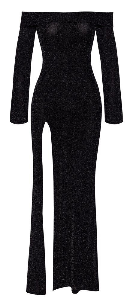 Thumbnail: Produktansicht Front von schwarzem knöchellangem Kleid. Transparent, hoch geschlitzt und ein Bein nackt. Trompetenärmel. Noir