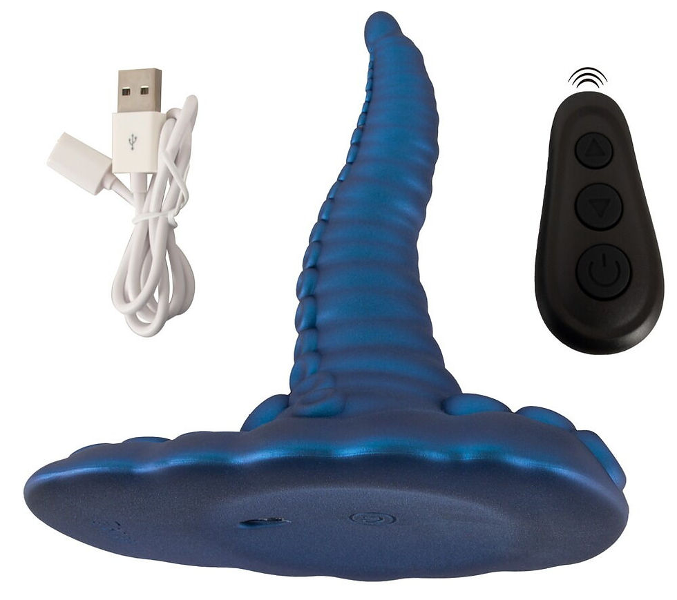 Thumbnail: Fantasy Aufsitzvibrator Tentacle Pad von Beasty Cocks. Blau in Tentakel Design. auf Seite liegend mit Fernbedienung und Kabel