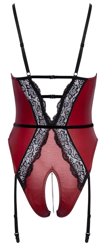 Thumbnail: Rückansicht Produktfoto schwarz-roter Body verziert mit Kette im Intimbereich, inkl. Strapshalter