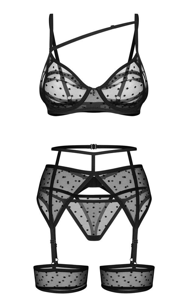 Thumbnail: Produktansicht Front von schwarzem Dessous Set aus BH, Strapsgürtel mit Strumpfhaltern und String