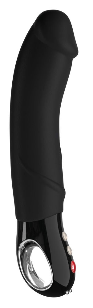 schwarzer Vibrator Big Boss von Fun Factory; Spitze leicht gebogen für G-Punkt Stimulation, seitliche Ansicht
