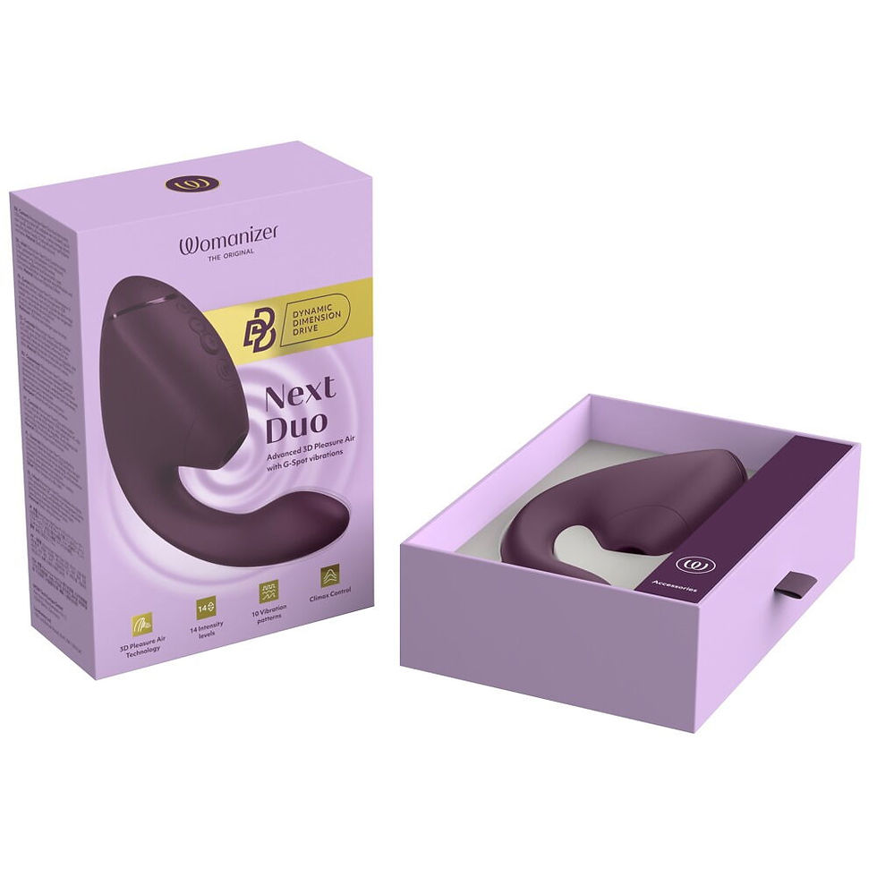 Vorschaubild für Womanizer Next Duo in Lila. Verpackung geöffnet. Deckel stehend links