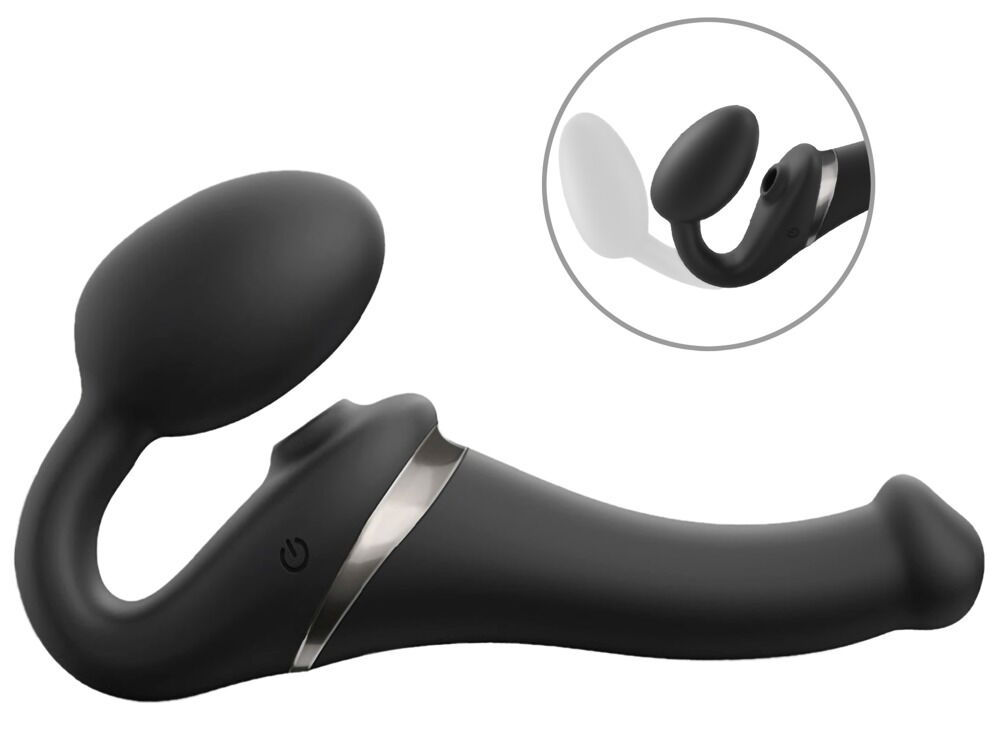 Gurtloser Strap-on-Vibrator mit Fernbedienung und Klitorissauger. Seitenansicht rechts mit Detail in Miniaturfoto oben rechts