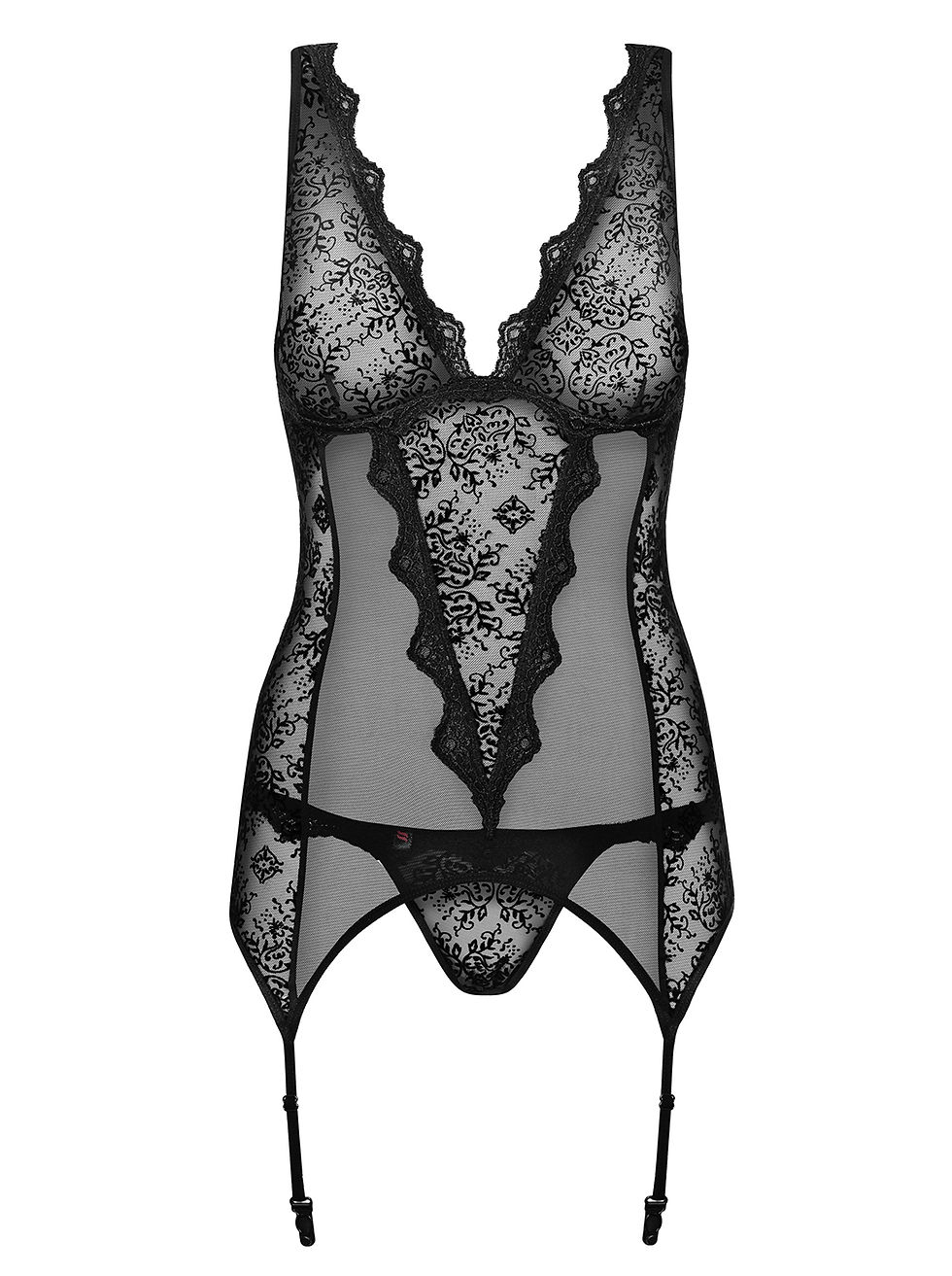 Thumbnail: schwarzes Strapskorsett mit tiefem Ausschnitt, inkl. Tanga