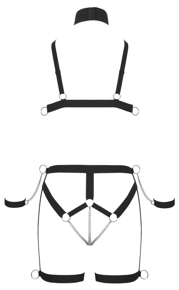 Miniaturbild: Produktansicht Rückseite von schwarzem Harness Set mit Halsfessel und Handfesseln. Ketten im Brust und Intimbereich