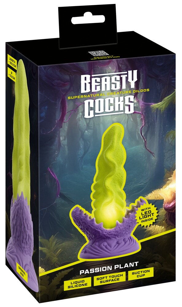 Thumbnail: Fantasy Dildo Passion Plant. Beasty Cocks. Fleischfressender Pflanze nachempfunden. Gelb-Lila. Wendeverpackung mit Dildo