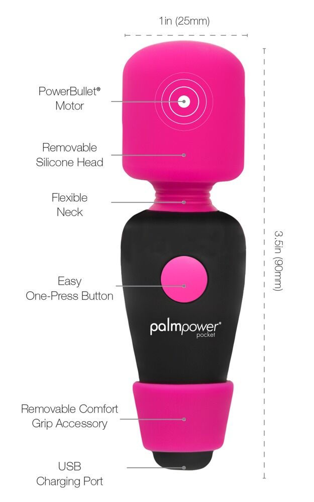 Miniaturbild: pinker mini Massagestab von palmpower, Übersicht der wichtigsten Funktionen und Eigenschaften