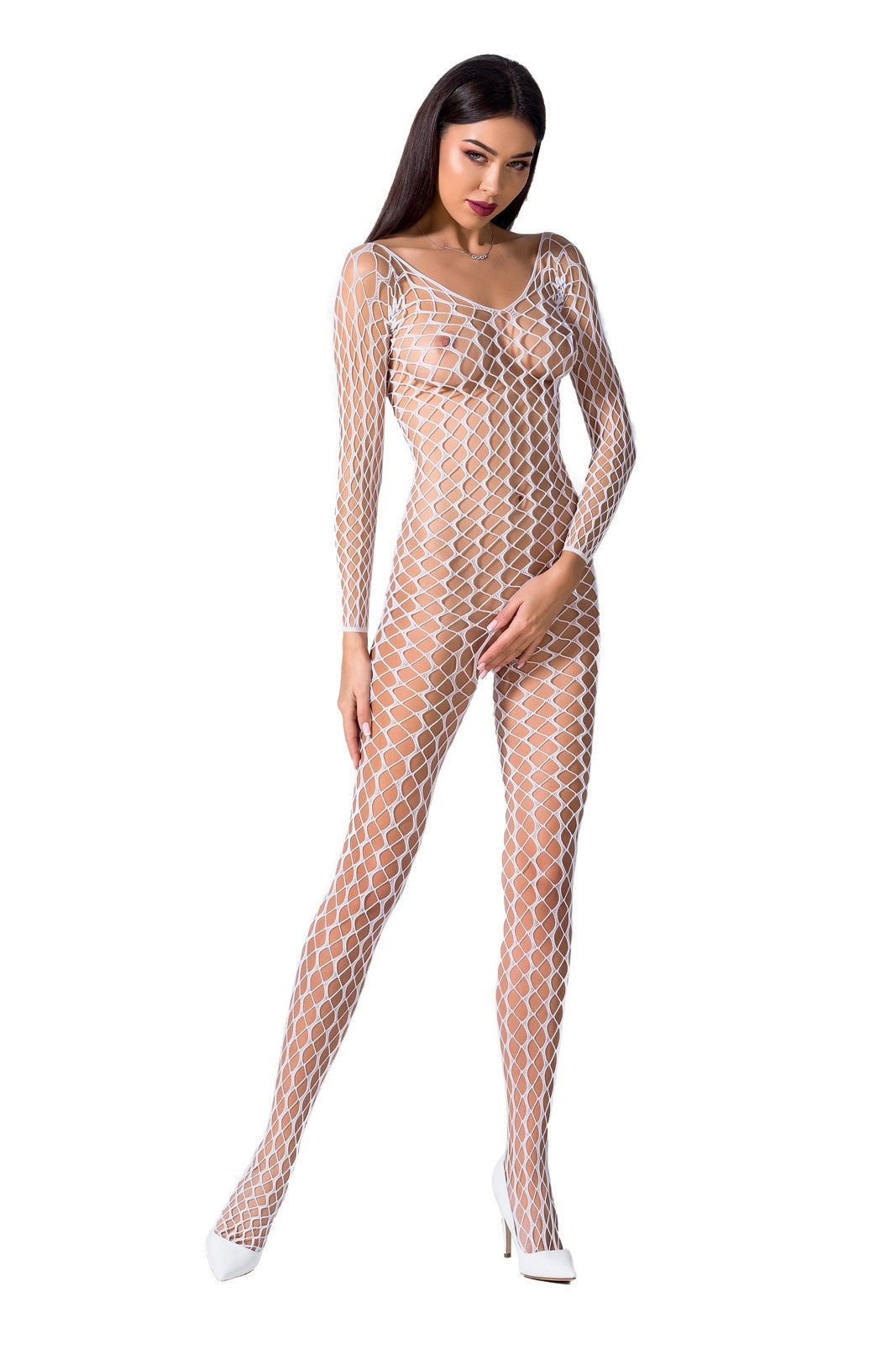 weißer Bodystocking aus grobem Netz, ouvert