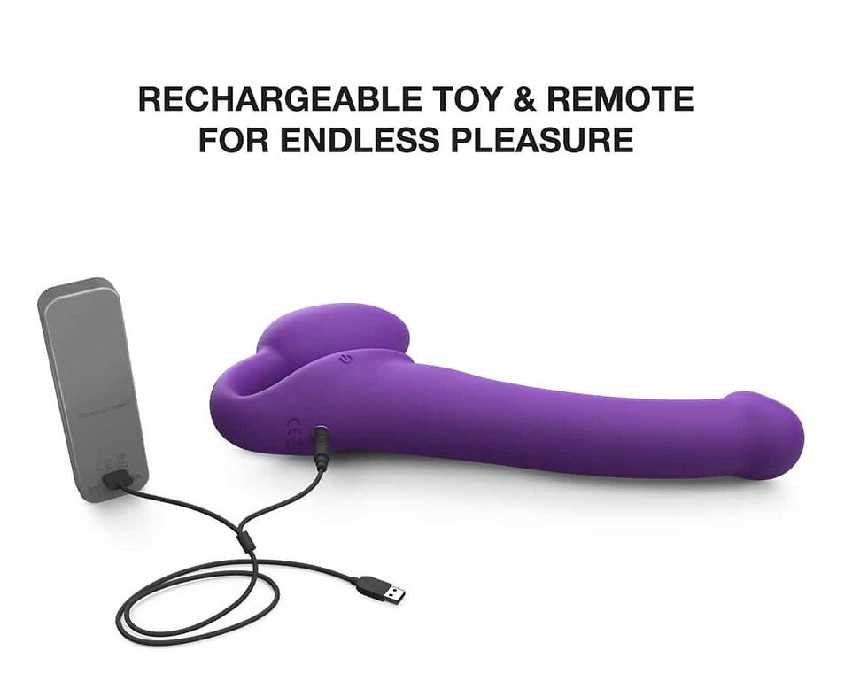 Thumbnail: Strapless Stra-On Vibrator mit Vaginalplug. Kein Harness benötigt. liegend mit Ladekabel eingesteckt
