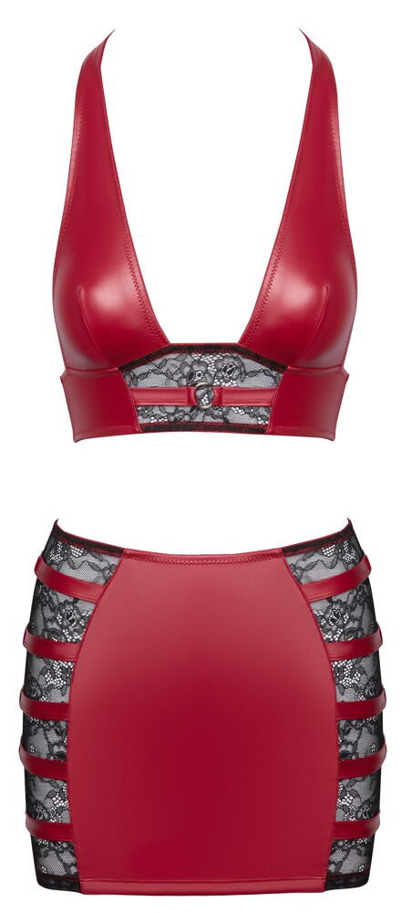 Miniaturbild: Produktansicht Front von Neckholder-Top und Minirock aus rotem Wetlook und schwarzer Spitze, mit tiefem Ausschnitt