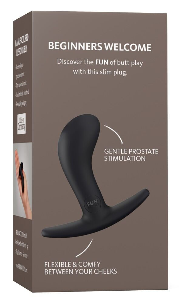 Thumbnail: Außenverpackung Rückseite von schwarzem Analplug Bootie Small mit gebogener und verdickter Spitze; Hersteller Fun Factory