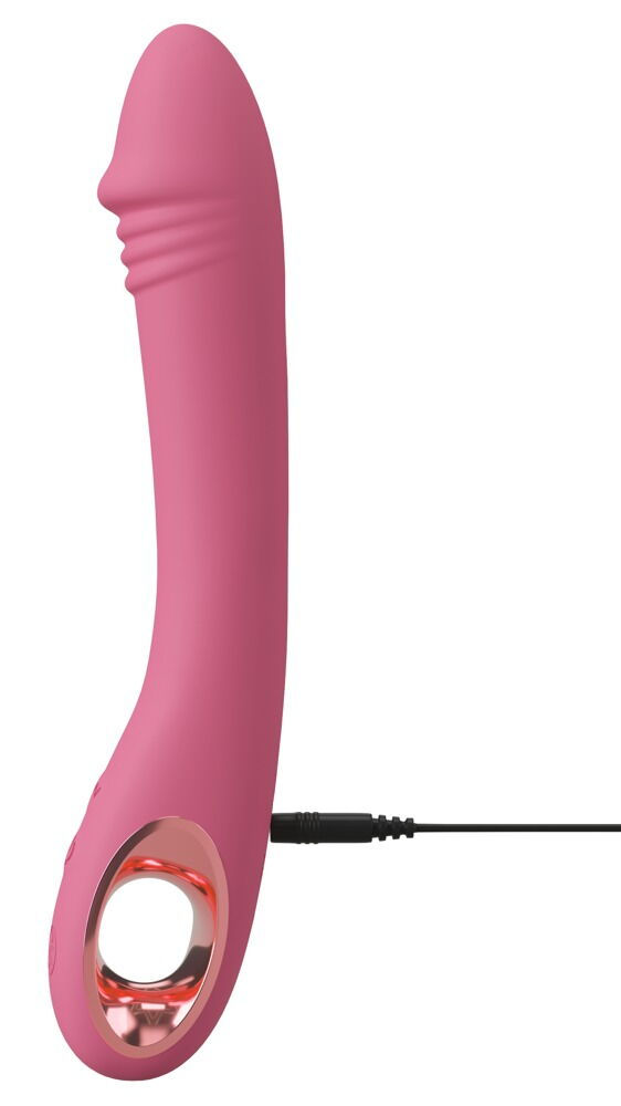 Miniaturbild: rosa G-Punkt Vibrator. leicht gebogen und mit Ringgriff. Eichel stilisiert und strukturiert. mit eingestecktem Ladekabel