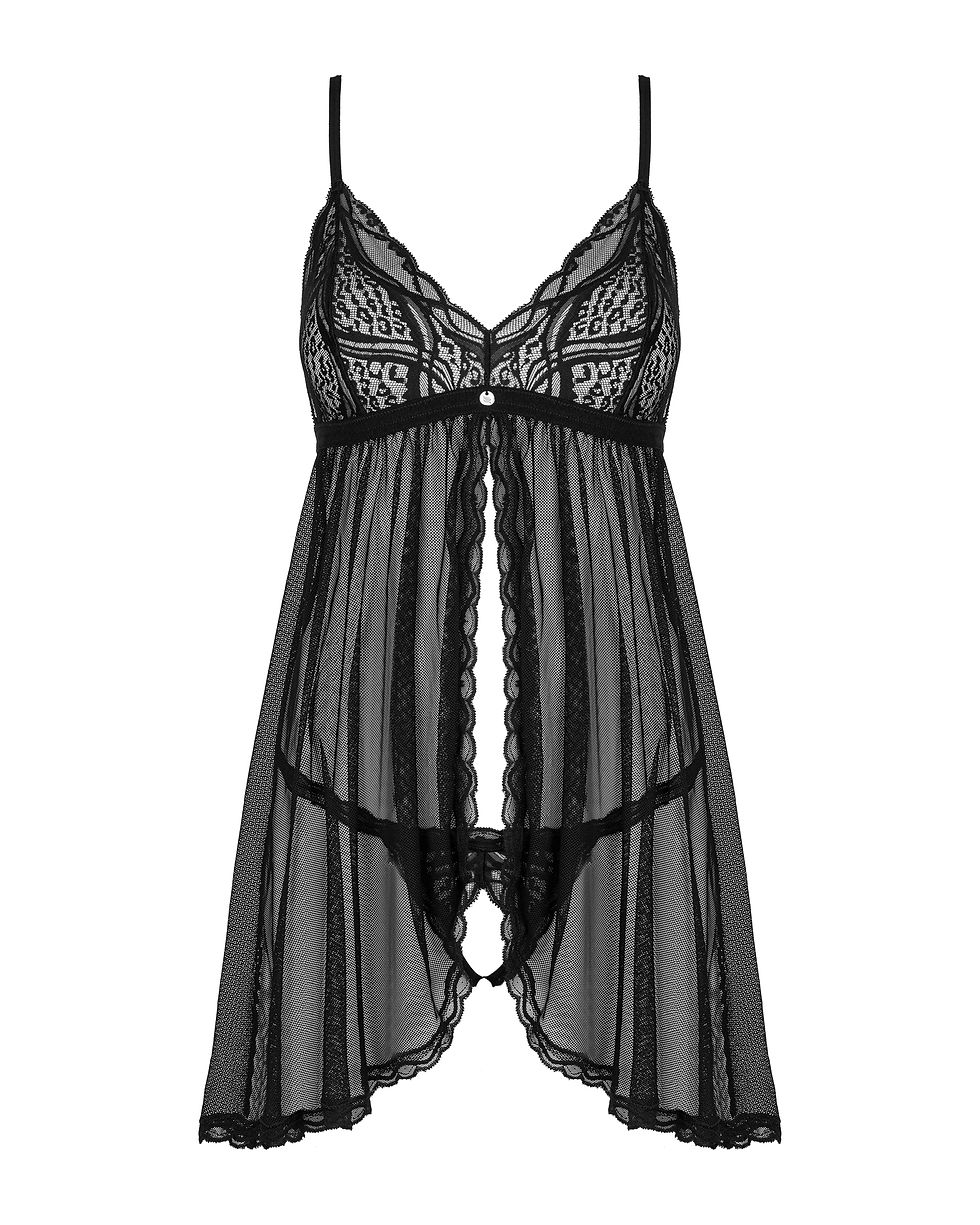 Thumbnail: schwarzes Babydoll aus Tüll und Spitze inkl. ouvert-String