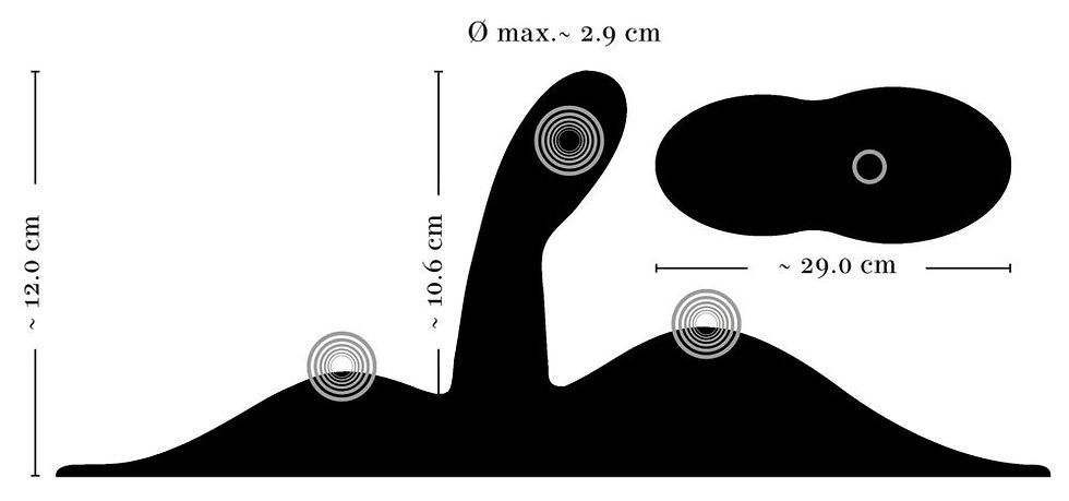 Thumbnail: Skizze Vibrokissen Vibepad 3 Größenverhältniss der Stimulationswellen und des G-Punkt Vibrators in Relation zur Fernbedienung