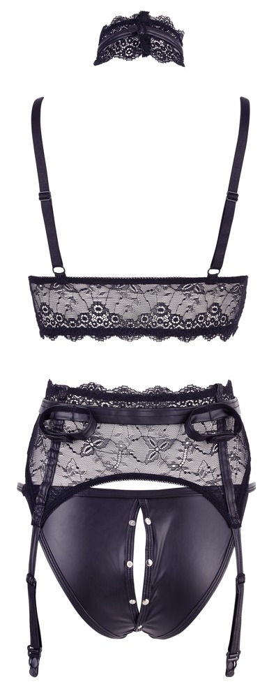 Miniaturbild: 3tlg Set aus BH mit aufknöpfbaren Cups, Strapsgurt, Ouvert-String