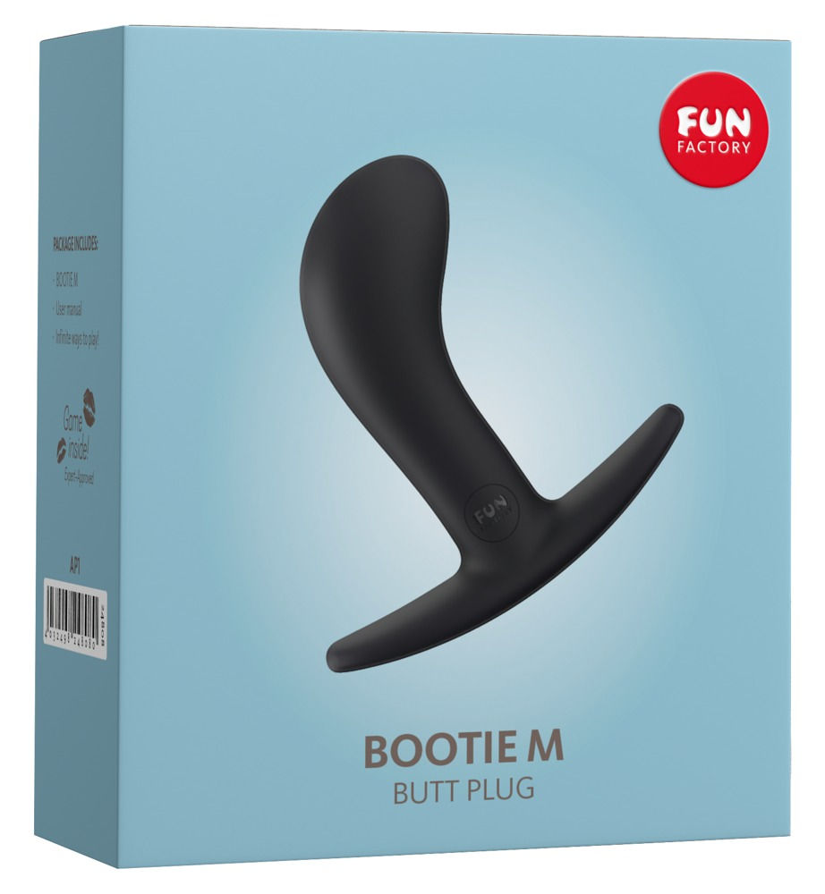 Thumbnail: Außenverpackung Vorderseite Analplug BOOTIE M; Analplug ist auf hellblauer Verpackung abgebildet, obenrechts Fun Factory Logo