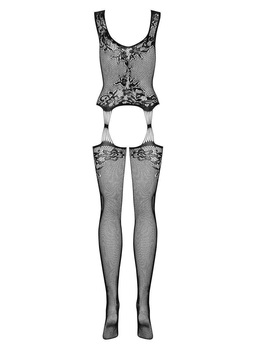 Thumbnail: schwarzer Bodystocking mit Netz- und Strapsoptik, ouvert