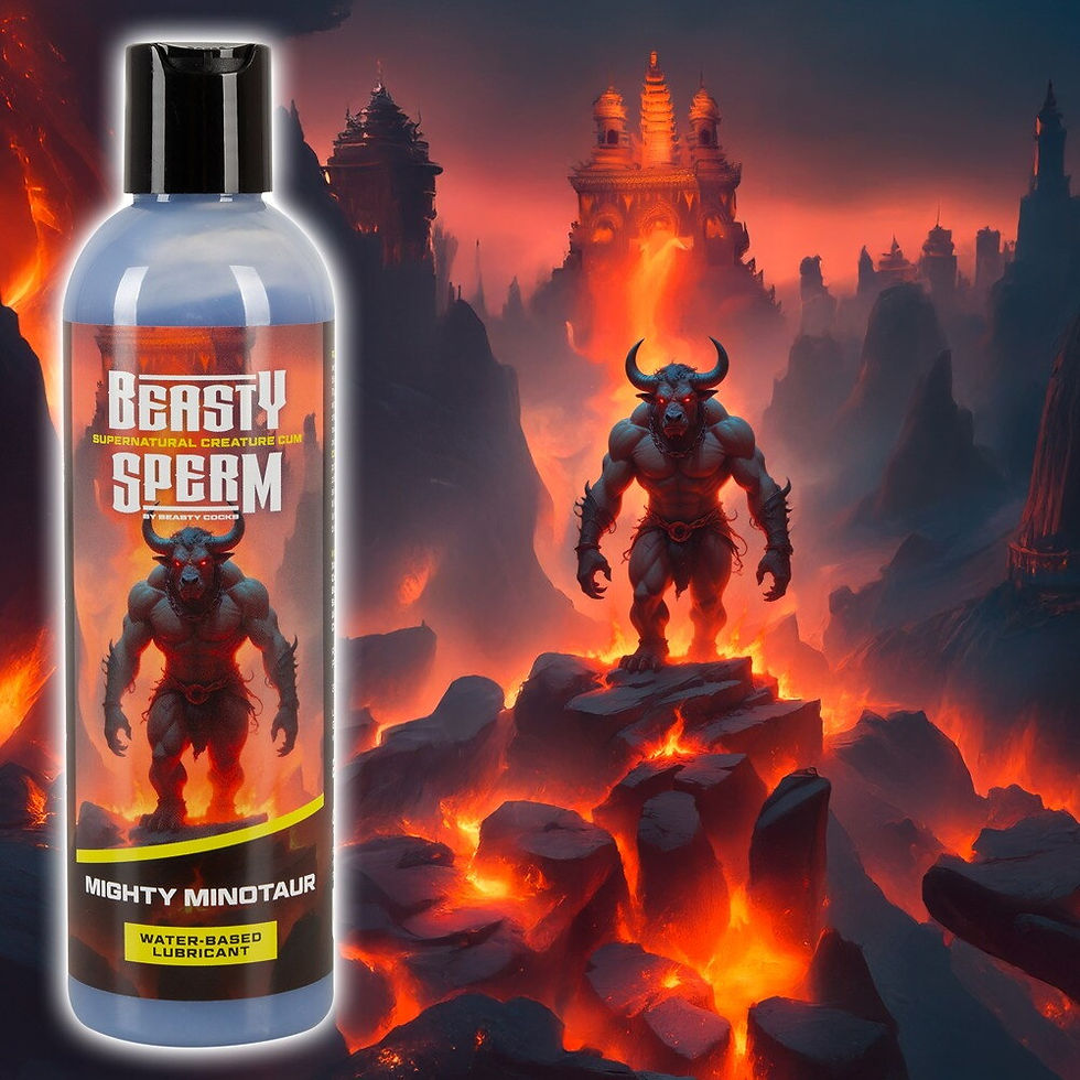 Miniaturbild: Dickflüssiges Fantasy Gleitgel 250 ml Beasty Sperm Mighty Minotaur Frontansicht neben Minotaurus Vorbild