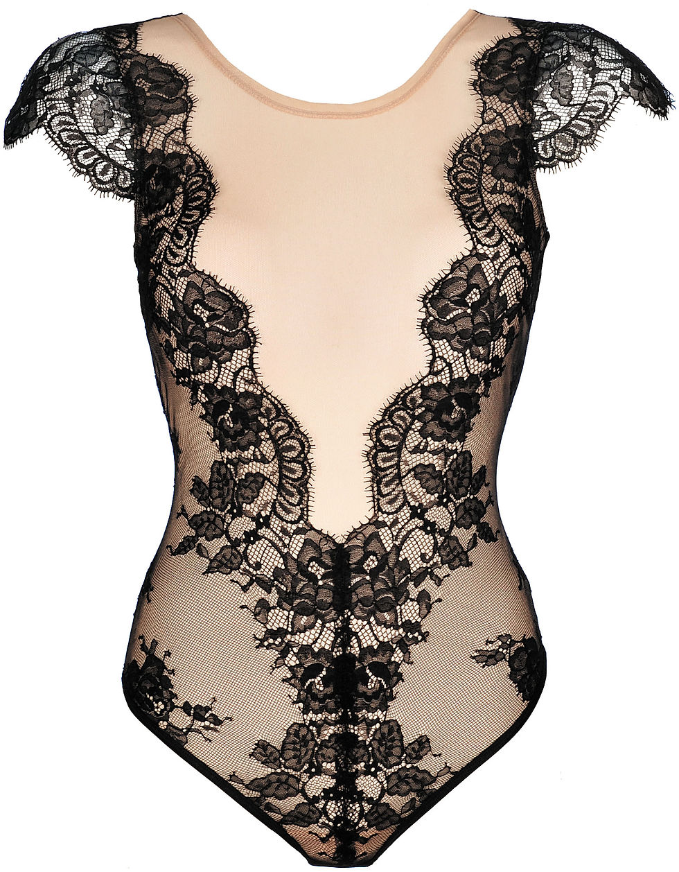 Thumbnail: Schwarzer Body mit Tüll- und Spitzenapplikationen
