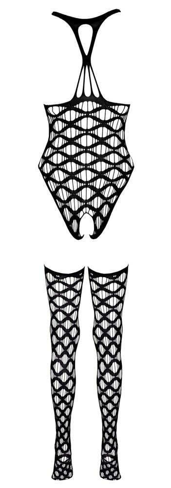 Thumbnail: Produktansicht Front von schwarzem ouvert Body mit grobmaschiger Netzstruktur, inkl. optisch passender Overknee Strümpfe