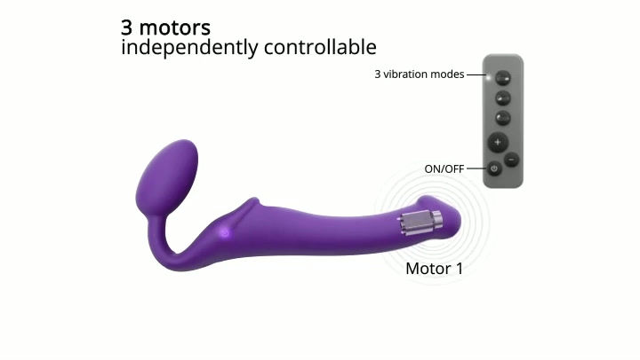 Miniaturbild: Strapless Stra-On Vibrator mit Vaginalplug. Kein Harness benötigt. Außenverpackung Rückansicht mit wichtigsten Produktinfos