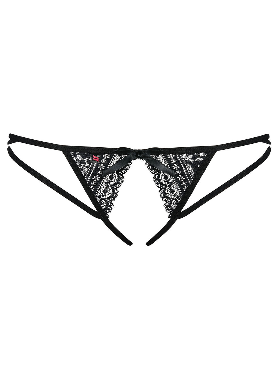 Thumbnail: schwarzer Riemchen-String aus Spitze, offen im Schritt