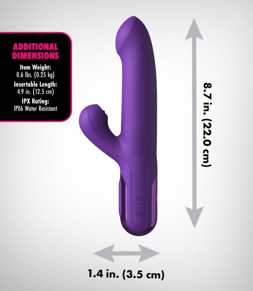 Thumbnail: Lila Rabbitvibrator mit Stoßfunktion. mit Leckfunktion im Klitorisstimulator. verschiedene Größenvergleiche