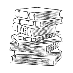 A black line drawing of a stack of books with a light grey background