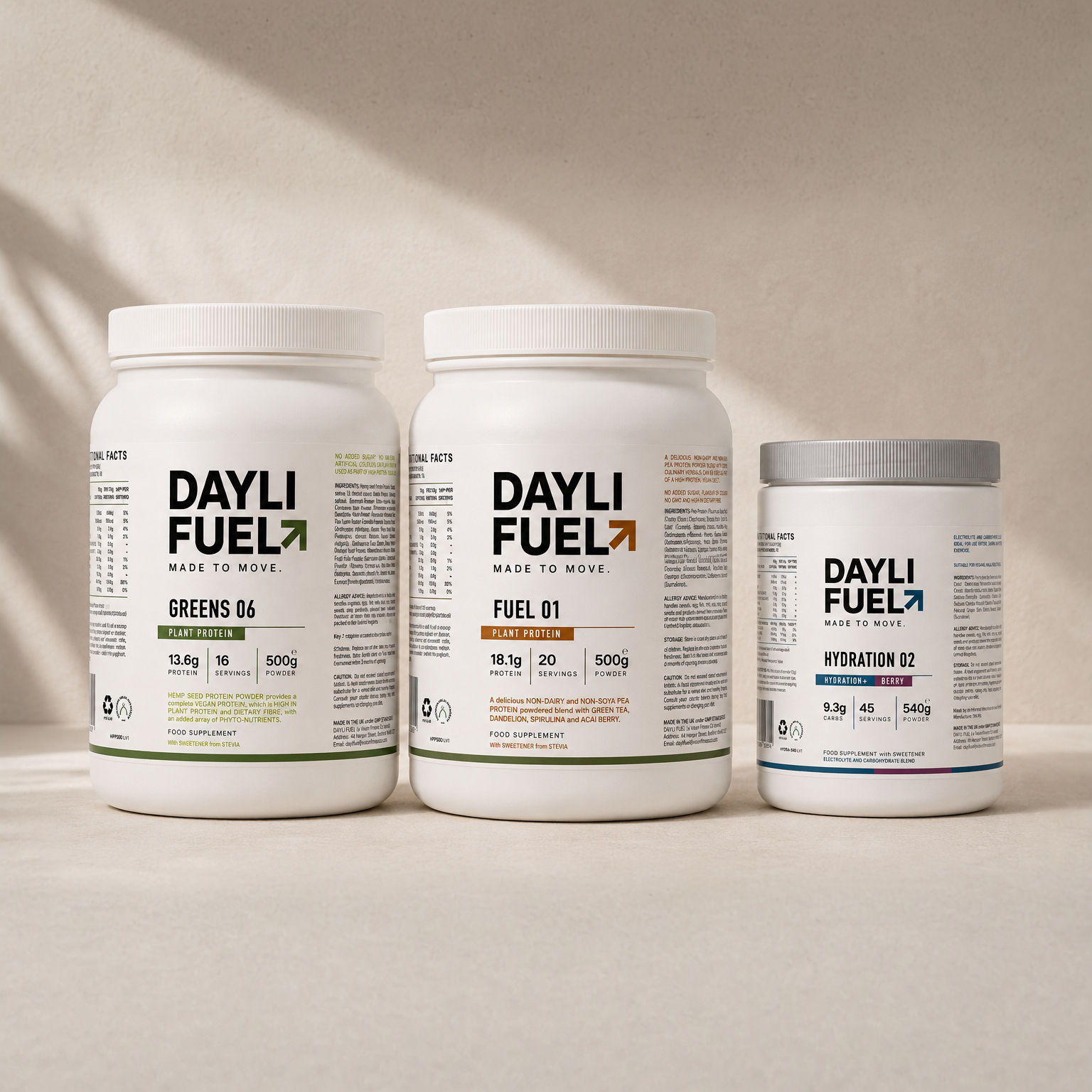 DAYLI PLANT Stack: FUEL 01 Plant Protein, GREENS 06 Plant Protein and HYDRATION 02 tubs.